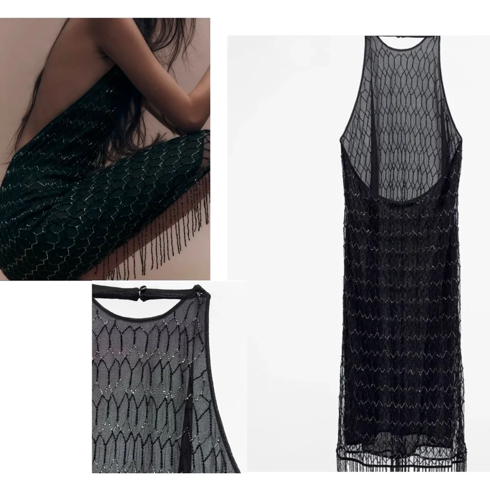 Zara Festive days limited collection black silver beaded fringe midi dress L NWT - Picture 3 of 13